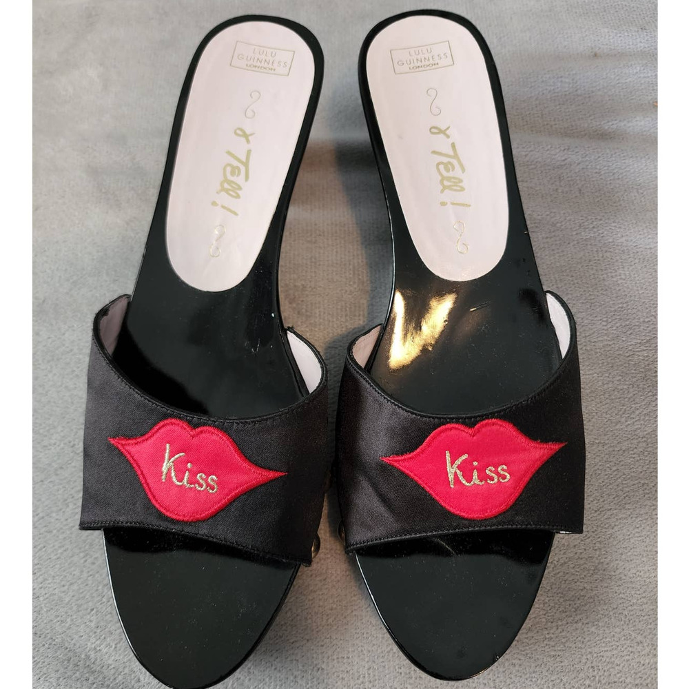 Lulu Guinness Black Satin 'Kiss' Lip Slide Mules with Red Embroidery